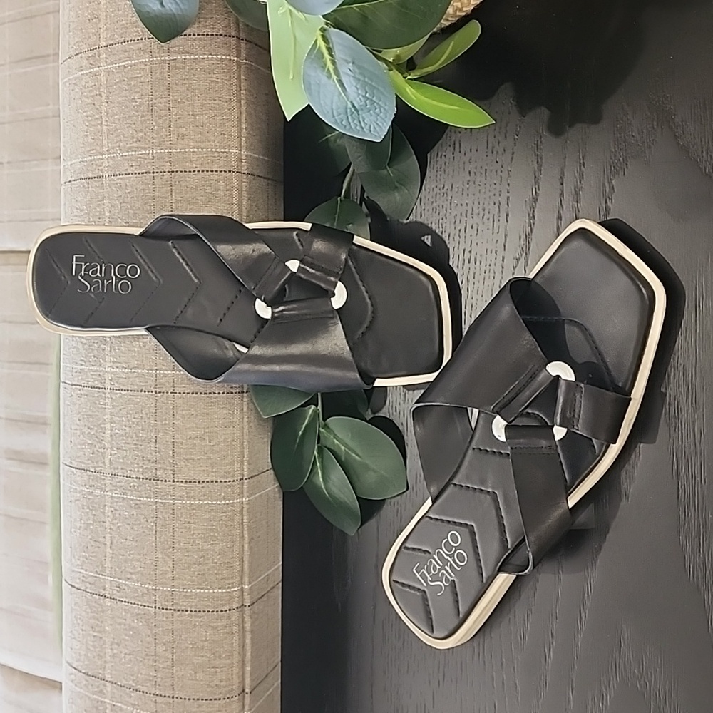 FRANCO SARTO Molana Leather Sandals 7.5 Slides Minimalist Buckle Square Toe - Picture 9 of 15